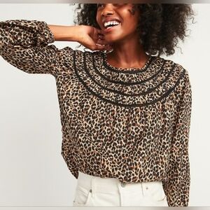 Old Navy Leopard Print Oversized Ladder-lace Yoke Blouse XL